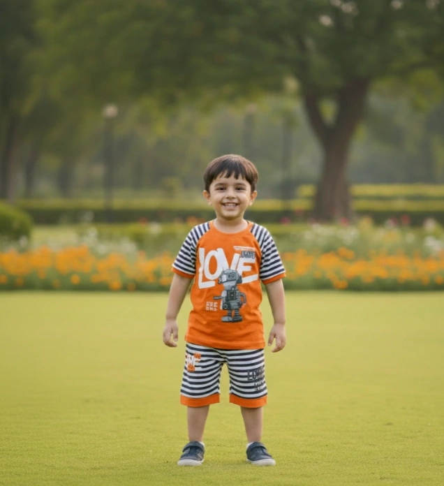 Child’s orange and navy striped t-shirt with LOVE robot graphic and matching striped shorts