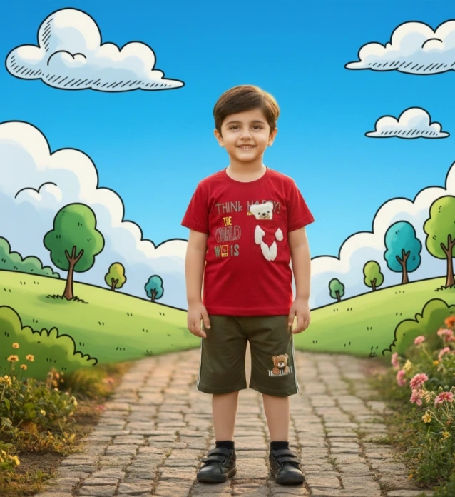 Kids red Think Happy graphic T-shirt with a white teddy bear pocket detail and olive green shorts