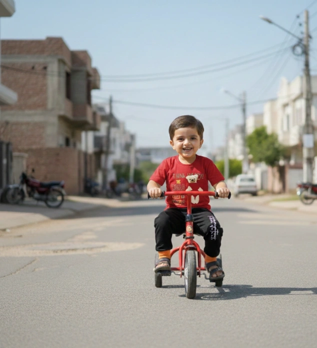 Toddler boy wearing a red Think Happy graphic t-shirt with teddy bear detail and black jogger pants