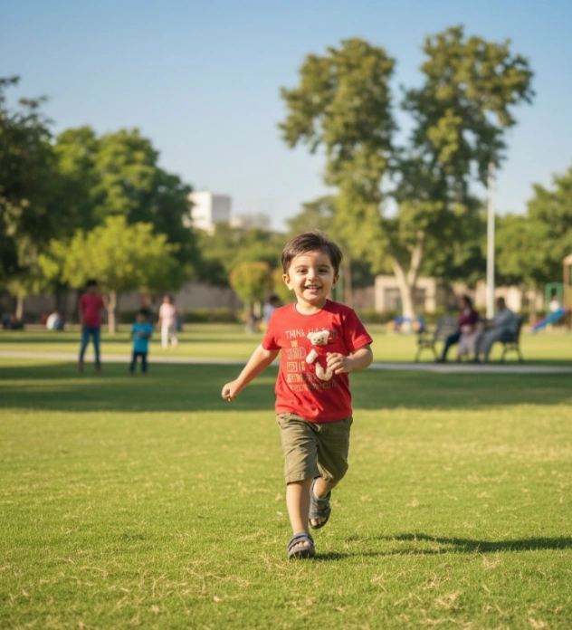 Toddler boy's red graphic tee and olive green cargo shorts