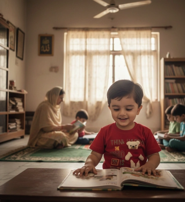 Young boy wearing a red short-sleeve t-shirt with a white teddy bear pocket detail